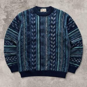 Greenfield Wool Sweater Teal Blue Coogi Style Geometric Knit Jumper L Luxury